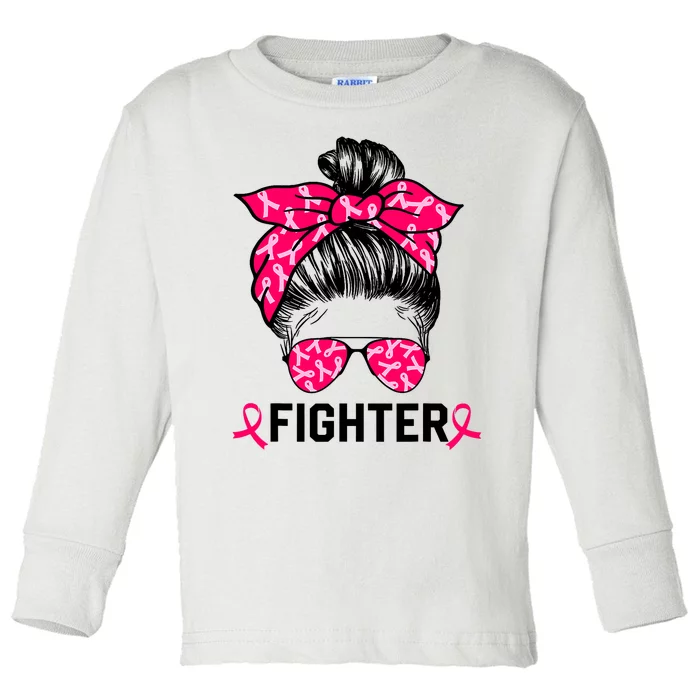 Fighter Messy Bun Breast Cancer Awareness Pink Warrior Toddler Long Sleeve Shirt