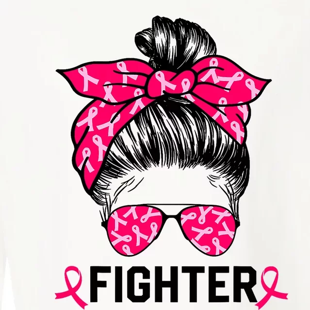 Fighter Messy Bun Breast Cancer Awareness Pink Warrior Cropped Pullover Crew