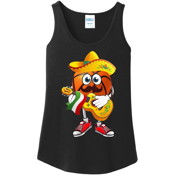 Funny Mexican Basketball Ball Sombrero Guitar Cinco De Mayo Ladies Essential Tank