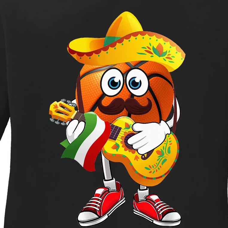 Funny Mexican Basketball Ball Sombrero Guitar Cinco De Mayo Ladies Long Sleeve Shirt