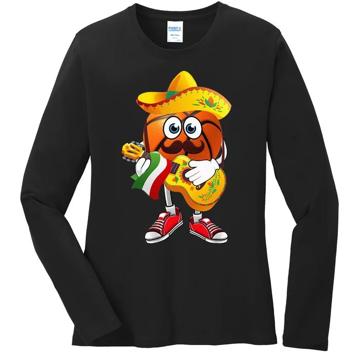 Funny Mexican Basketball Ball Sombrero Guitar Cinco De Mayo Ladies Long Sleeve Shirt