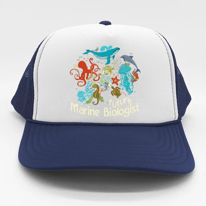 Future Marine Biologist Ocean Life Collage Drawing Whale Trucker Hat