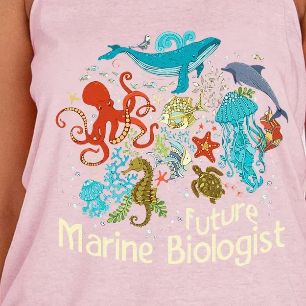 Future Marine Biologist Ocean Life Collage Drawing Whale Women's Knotted Racerback Tank