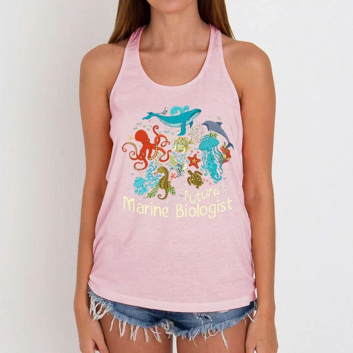 Future Marine Biologist Ocean Life Collage Drawing Whale Women's Knotted Racerback Tank