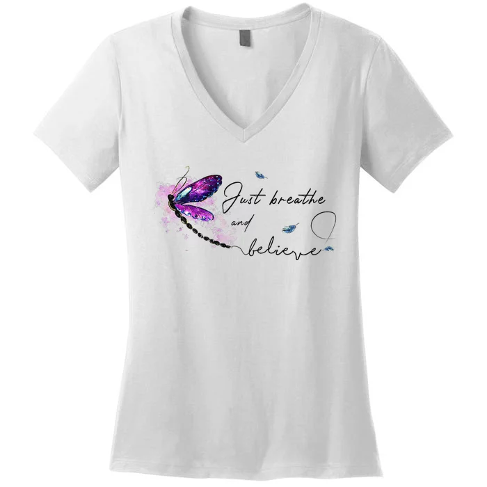 Funny Memorial Butterfly Just Breathe And Believe Women's V-Neck T-Shirt