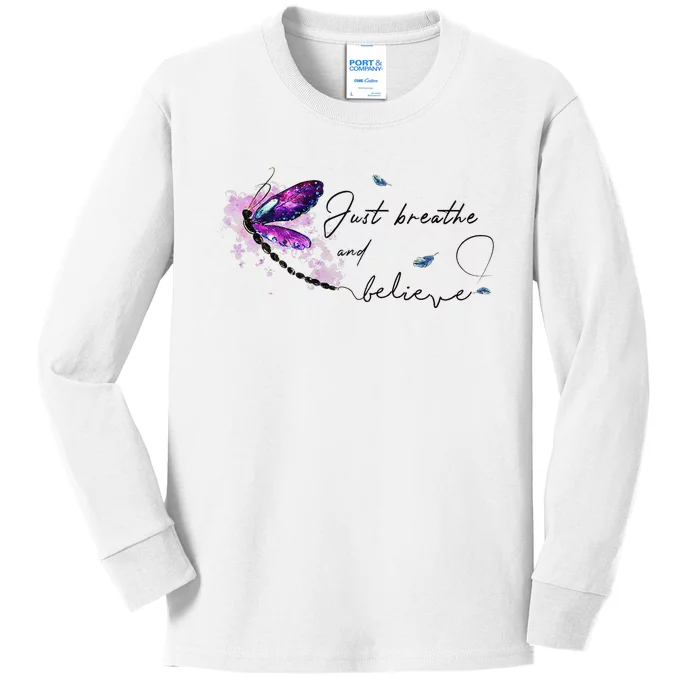 Funny Memorial Butterfly Just Breathe And Believe Kids Long Sleeve Shirt