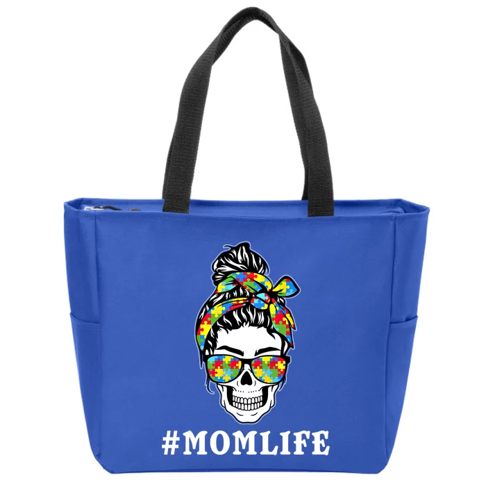 Funny Messy Bun Skeleton Mom Life Autism Awareness Day Meaningful Gift Zip Tote Bag