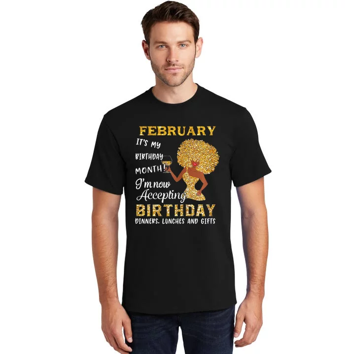 February My Birthday Month Gold Glitter Black Afro Gift Tall T-Shirt