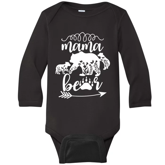 Floral Mama Bear Mom Of 2 Mama Bear Two Cub Floral Mama Bear Baby Long Sleeve Bodysuit