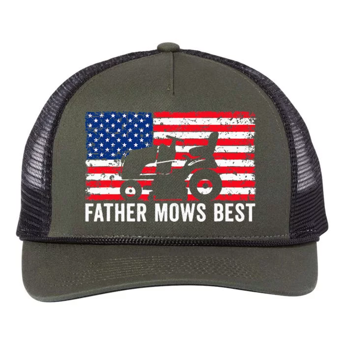 Father Mows Best Lawn Care Dad Mowing Patriotic Retro Rope Trucker Hat Cap