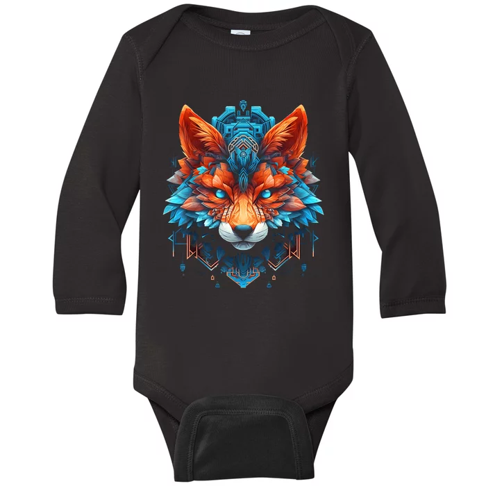 Fox Mandala Blue Eyes Animal Art Fox Baby Long Sleeve Bodysuit