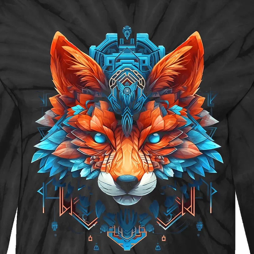 Fox Mandala Blue Eyes Animal Art Fox Tie-Dye Long Sleeve Shirt