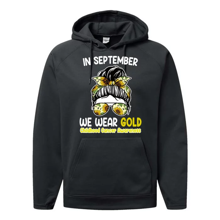 Floral Messy Bun In September We Wear Gold Childhood Cancer Performance Fleece Hoodie