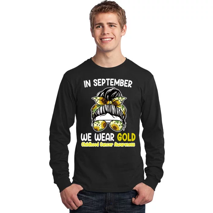 Floral Messy Bun In September We Wear Gold Childhood Cancer Tall Long Sleeve T-Shirt