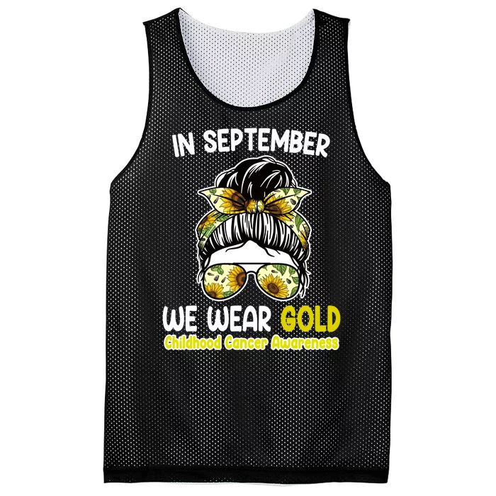 Floral Messy Bun In September We Wear Gold Childhood Cancer Mesh Reversible Basketball Jersey Tank