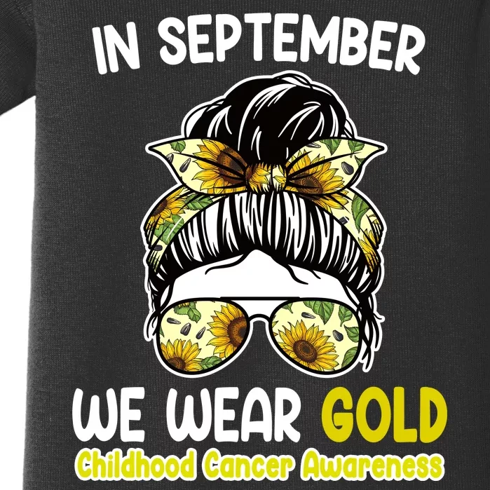 Floral Messy Bun In September We Wear Gold Childhood Cancer Baby Bodysuit