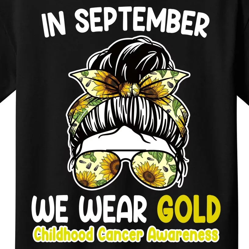 Floral Messy Bun In September We Wear Gold Childhood Cancer Kids T-Shirt