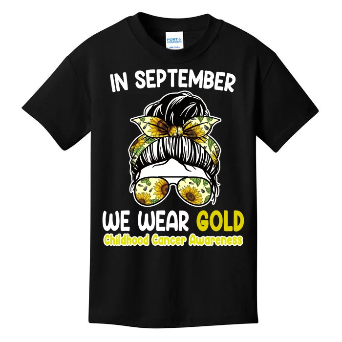 Floral Messy Bun In September We Wear Gold Childhood Cancer Kids T-Shirt