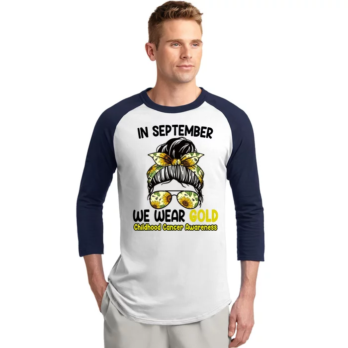 Floral Messy Bun In September We Wear Gold Childhood Cancer Baseball Sleeve Shirt