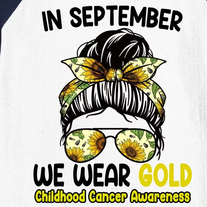 Floral Messy Bun In September We Wear Gold Childhood Cancer Baseball Sleeve Shirt