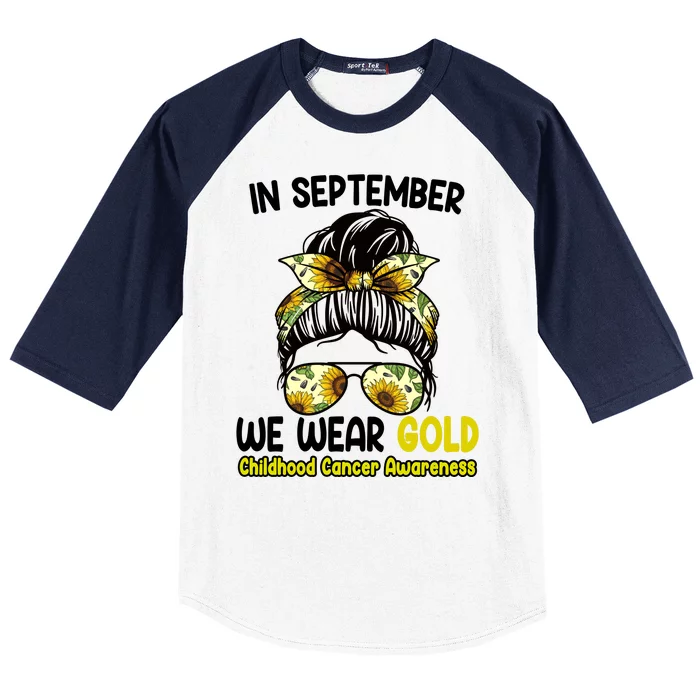 Floral Messy Bun In September We Wear Gold Childhood Cancer Baseball Sleeve Shirt