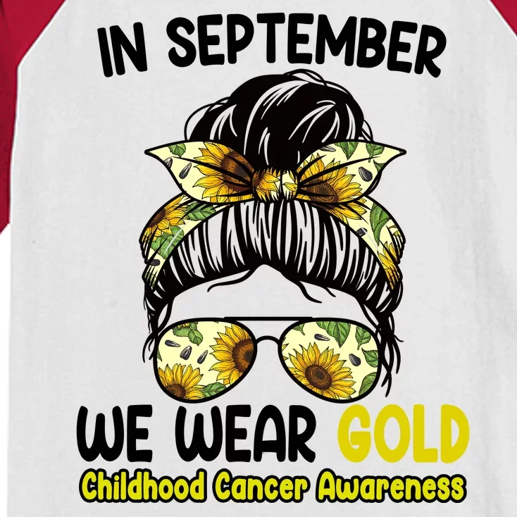 Floral Messy Bun In September We Wear Gold Childhood Cancer Kids Colorblock Raglan Jersey