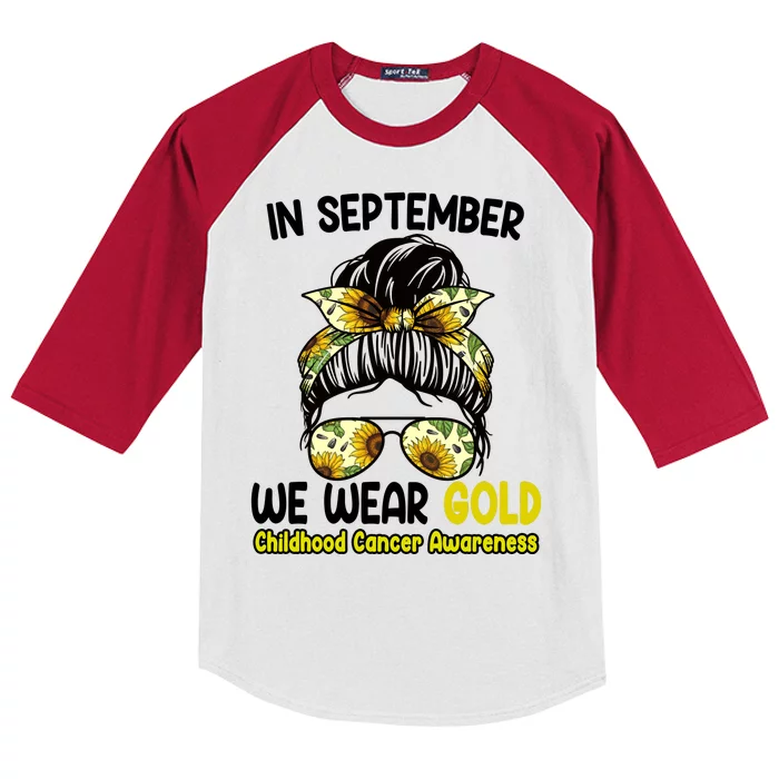 Floral Messy Bun In September We Wear Gold Childhood Cancer Kids Colorblock Raglan Jersey