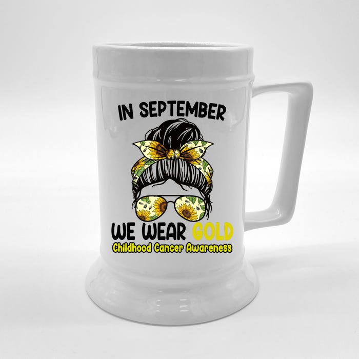 Floral Messy Bun In September We Wear Gold Childhood Cancer Front & Back Beer Stein