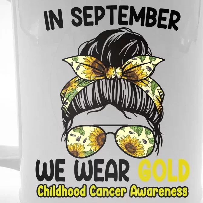 Floral Messy Bun In September We Wear Gold Childhood Cancer Front & Back Beer Stein