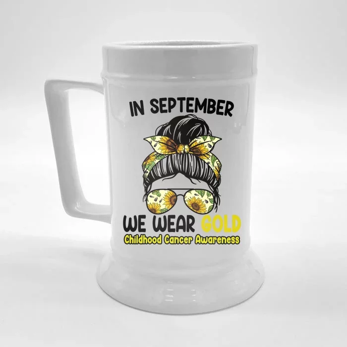 Floral Messy Bun In September We Wear Gold Childhood Cancer Front & Back Beer Stein