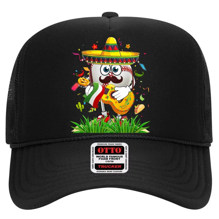 Funny Mexican Baseball Ball Sombrero Guitar Cinco De Mayo High Crown Mesh Trucker Hat