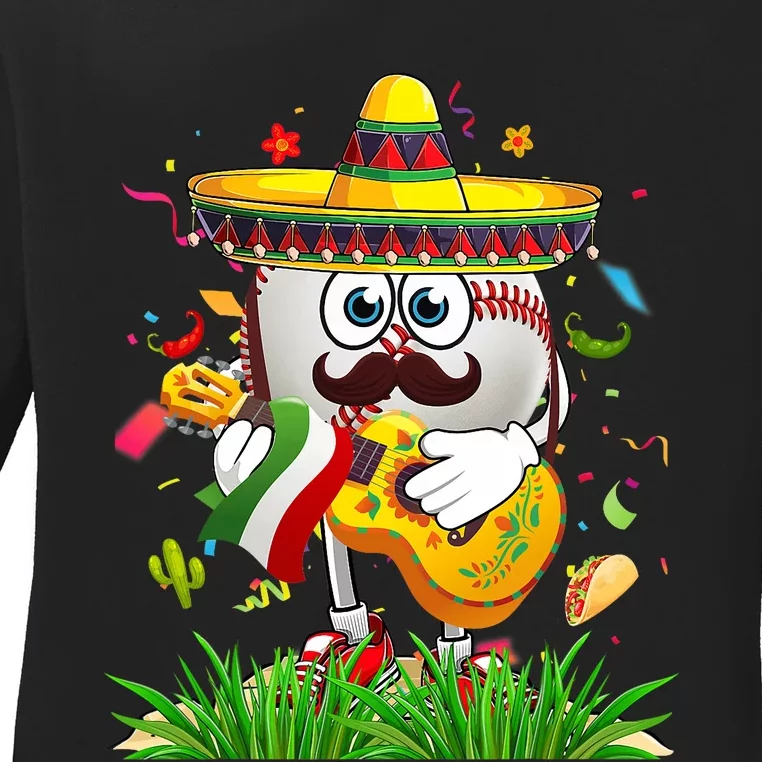 Funny Mexican Baseball Ball Sombrero Guitar Cinco De Mayo Ladies Long Sleeve Shirt