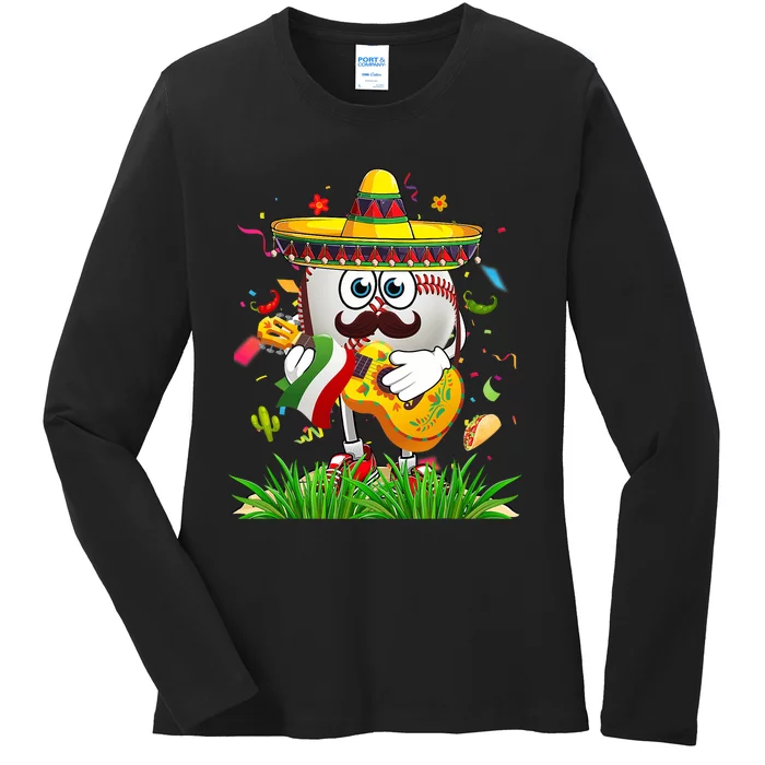 Funny Mexican Baseball Ball Sombrero Guitar Cinco De Mayo Ladies Long Sleeve Shirt