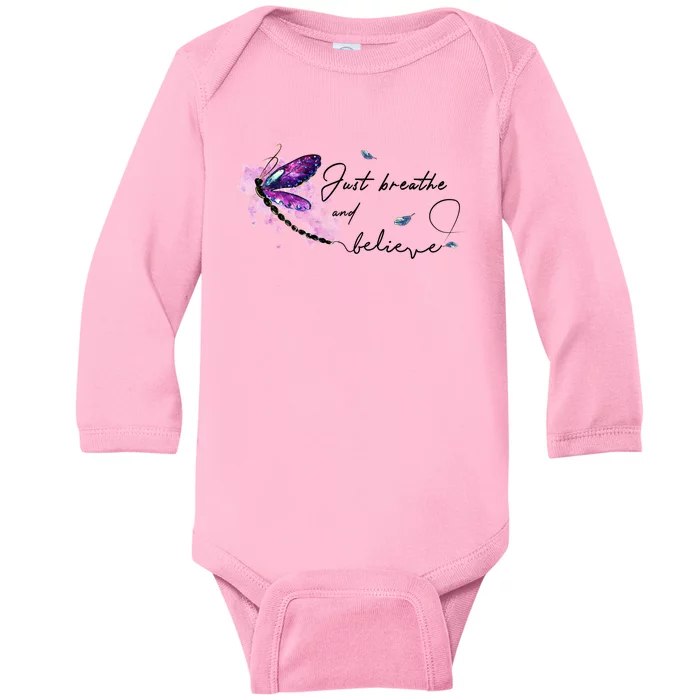 Funny Memorial Butterfly Just Breathe And Believe Funny Gift Baby Long Sleeve Bodysuit