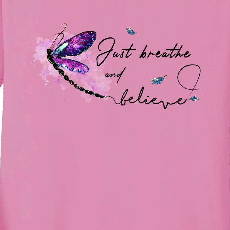 Funny Memorial Butterfly Just Breathe And Believe Funny Gift Kids Long Sleeve Shirt