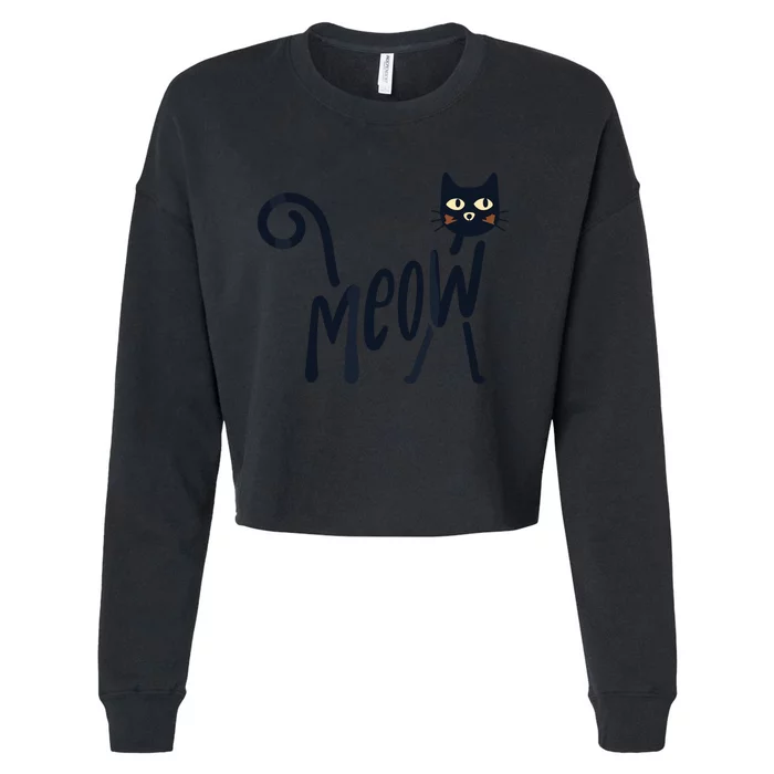 Funny Meow Cat In Black Cropped Pullover Crew