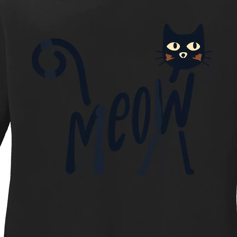 Funny Meow Cat In Black Ladies Long Sleeve Shirt