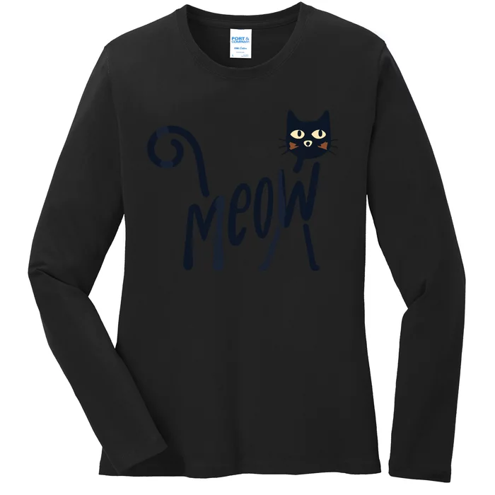 Funny Meow Cat In Black Ladies Long Sleeve Shirt