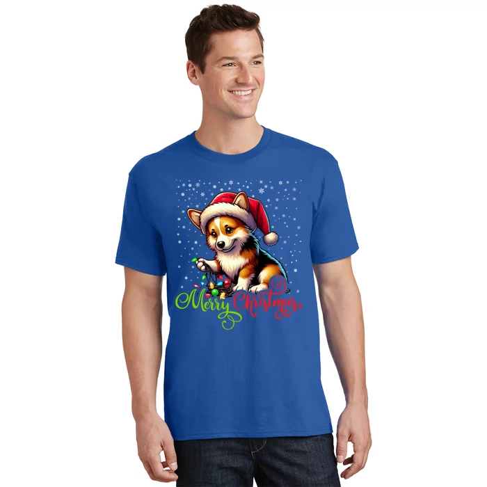 Funny Merry Christmas Corgi Santa Hat Lights Snowflakes Xmas Gift T-Shirt