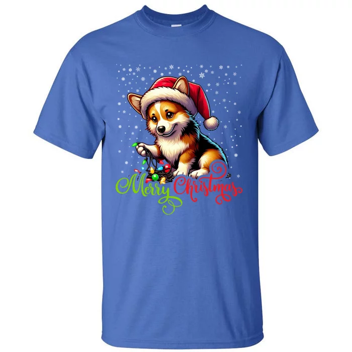 Funny Merry Christmas Corgi Santa Hat Lights Snowflakes Xmas Gift Tall T-Shirt