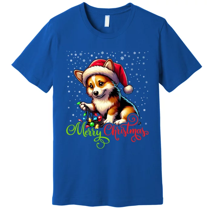 Funny Merry Christmas Corgi Santa Hat Lights Snowflakes Xmas Gift Premium T-Shirt