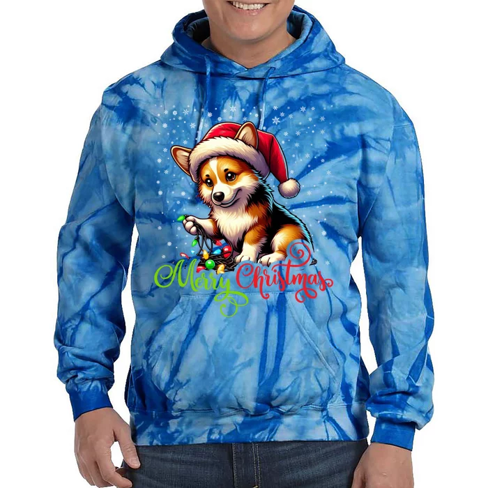 Funny Merry Christmas Corgi Santa Hat Lights Snowflakes Xmas Gift Tie Dye Hoodie