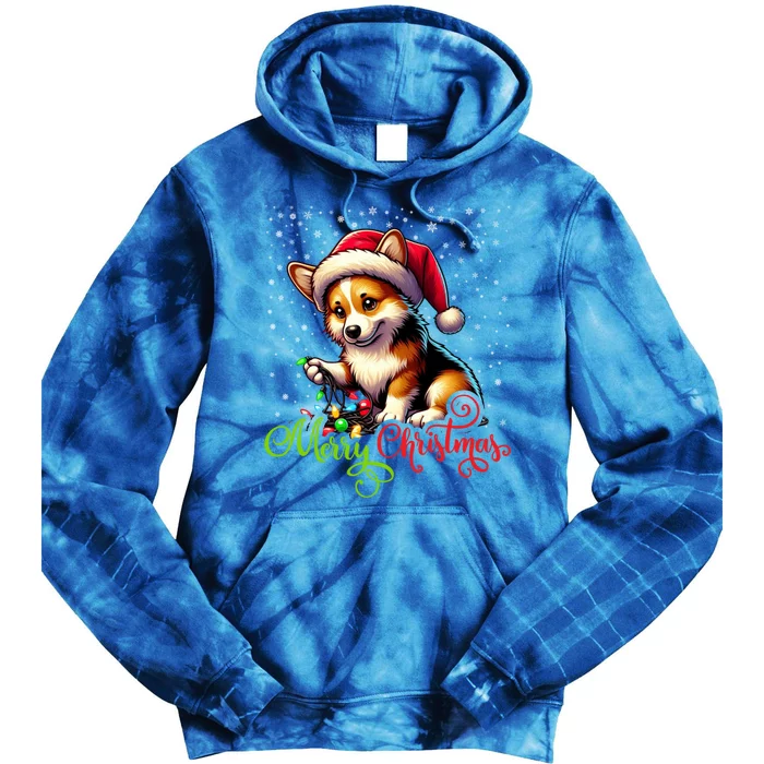 Funny Merry Christmas Corgi Santa Hat Lights Snowflakes Xmas Gift Tie Dye Hoodie