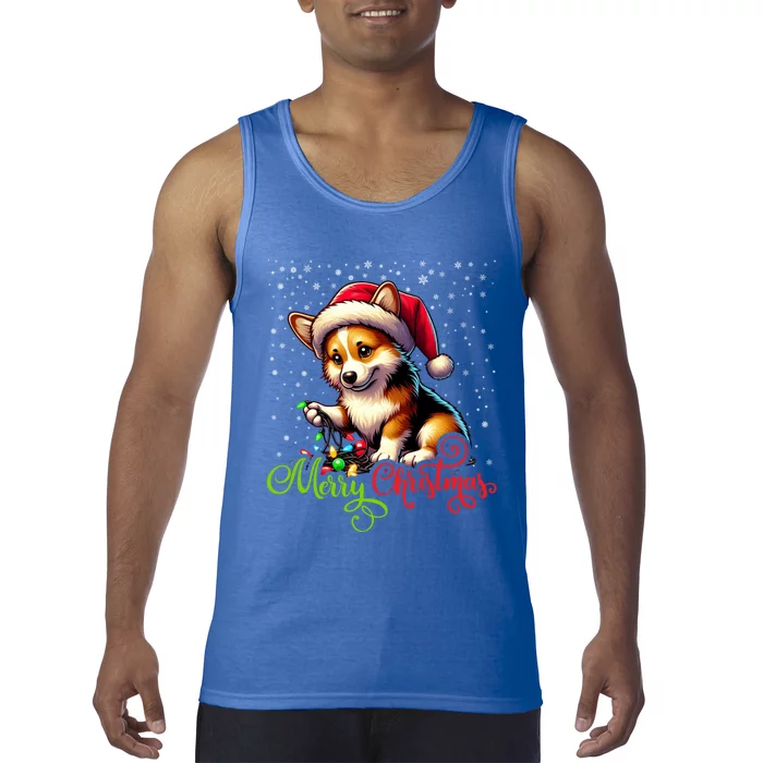 Funny Merry Christmas Corgi Santa Hat Lights Snowflakes Xmas Gift Tank Top