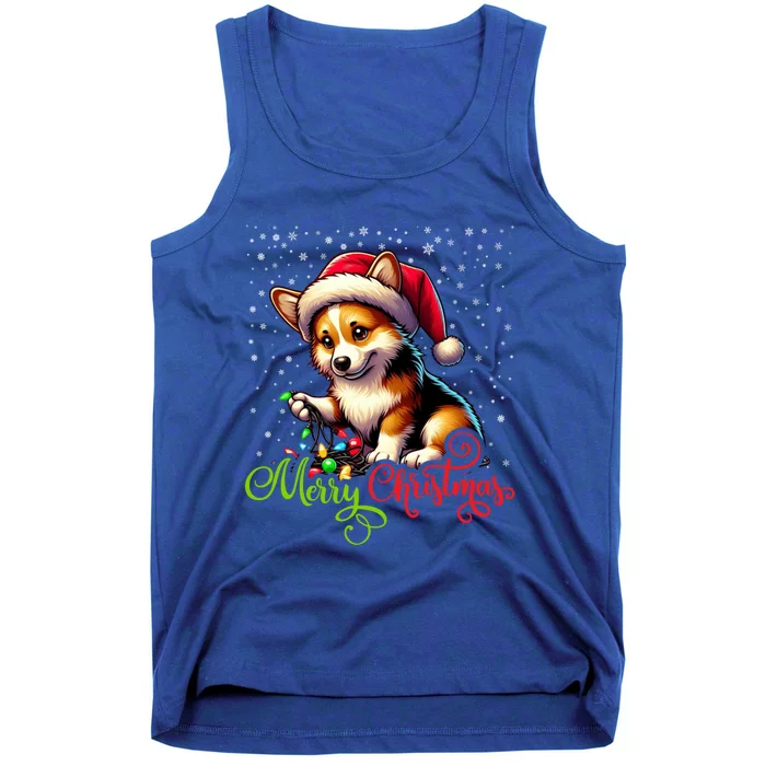 Funny Merry Christmas Corgi Santa Hat Lights Snowflakes Xmas Gift Tank Top