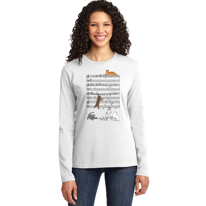 Funny Musical Cat Music Note Lover Ladies Long Sleeve Shirt