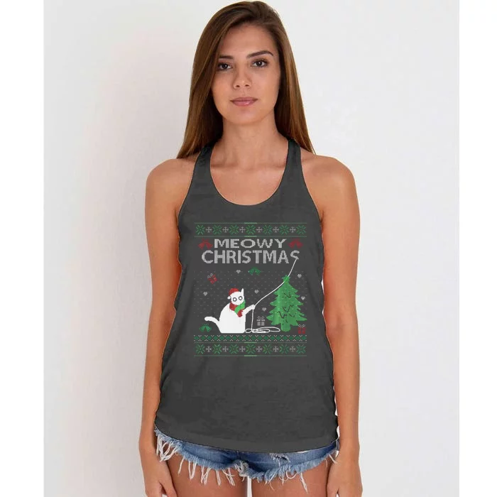 Funny Meowy Christmas Cats Xmas Cute Cat Lover Ugly Sweater Women's Knotted Racerback Tank