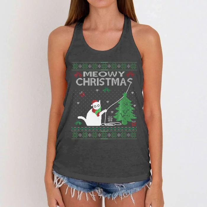 Funny Meowy Christmas Cats Xmas Cute Cat Lover Ugly Sweater Women's Knotted Racerback Tank