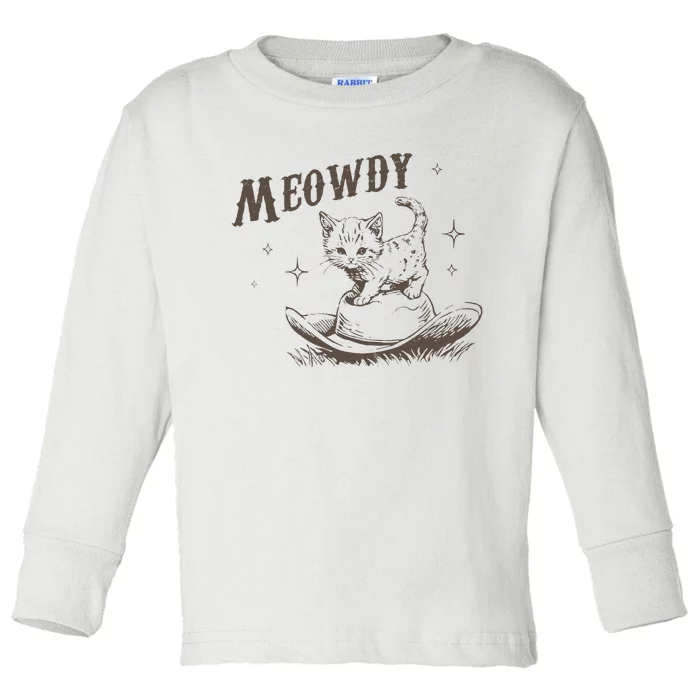 Funny Meowdy Cute Kitten Cat Country Western Vintage Toddler Long Sleeve Shirt