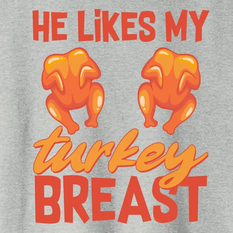 Funny Matching Couples Thanksgiving He Likes My Turkey Breast Women's Crop Top Tee